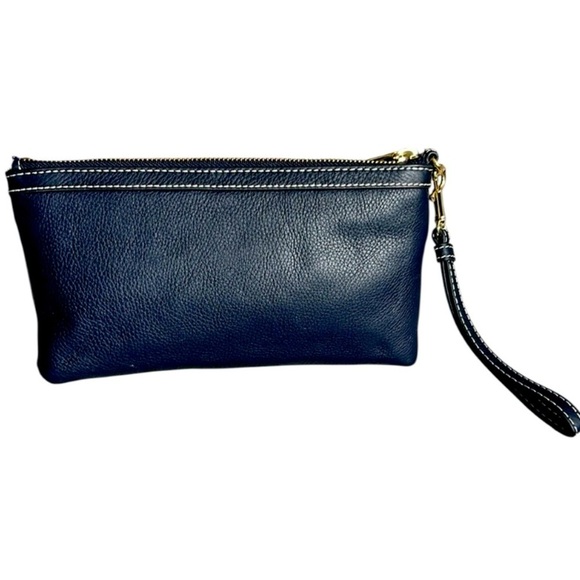 Talbots Navy Blue Soft Pebbled Leather Wristlet Clutch with White Stitching